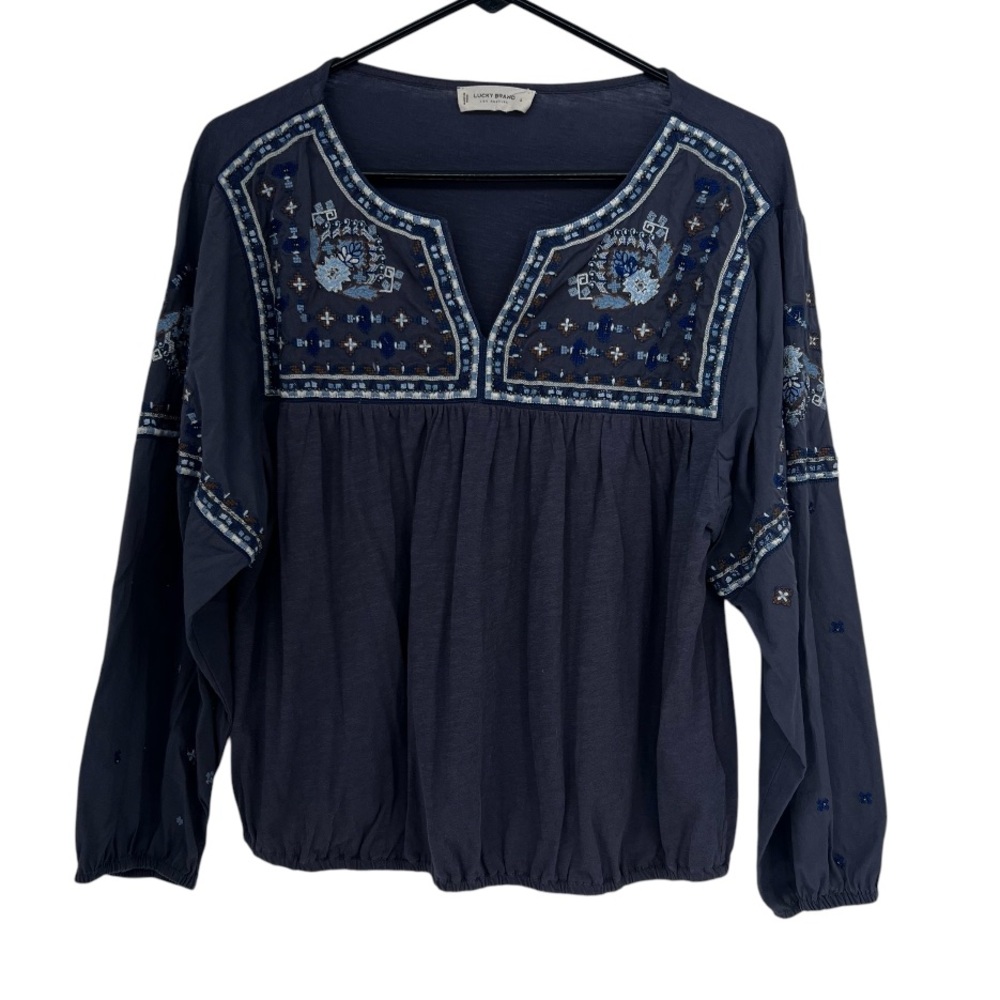 Lucky Brand Gray Cotton Embroidered Long Sleeve Top Size Large